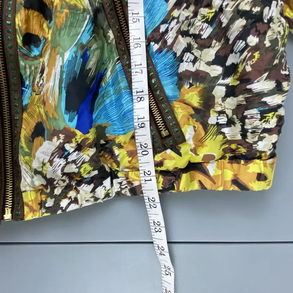 INDIKKA 100% Silk Vibrant Peacock Print Bomber Jacket Wms sz XL